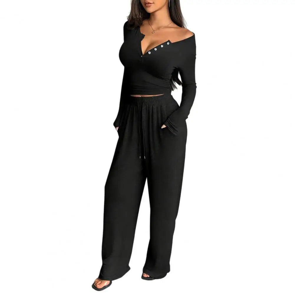 Button Up Crop Top & Wide Leg Pants Set, Women's Long Sleeve Matching Lounge Outfit Casual Fall Spring Tracksuits ﻿