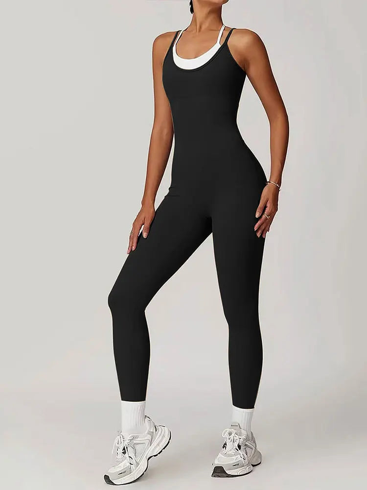 Monos deportivos para mujer, sin espalda, a la moda, cuello redondo, color negro