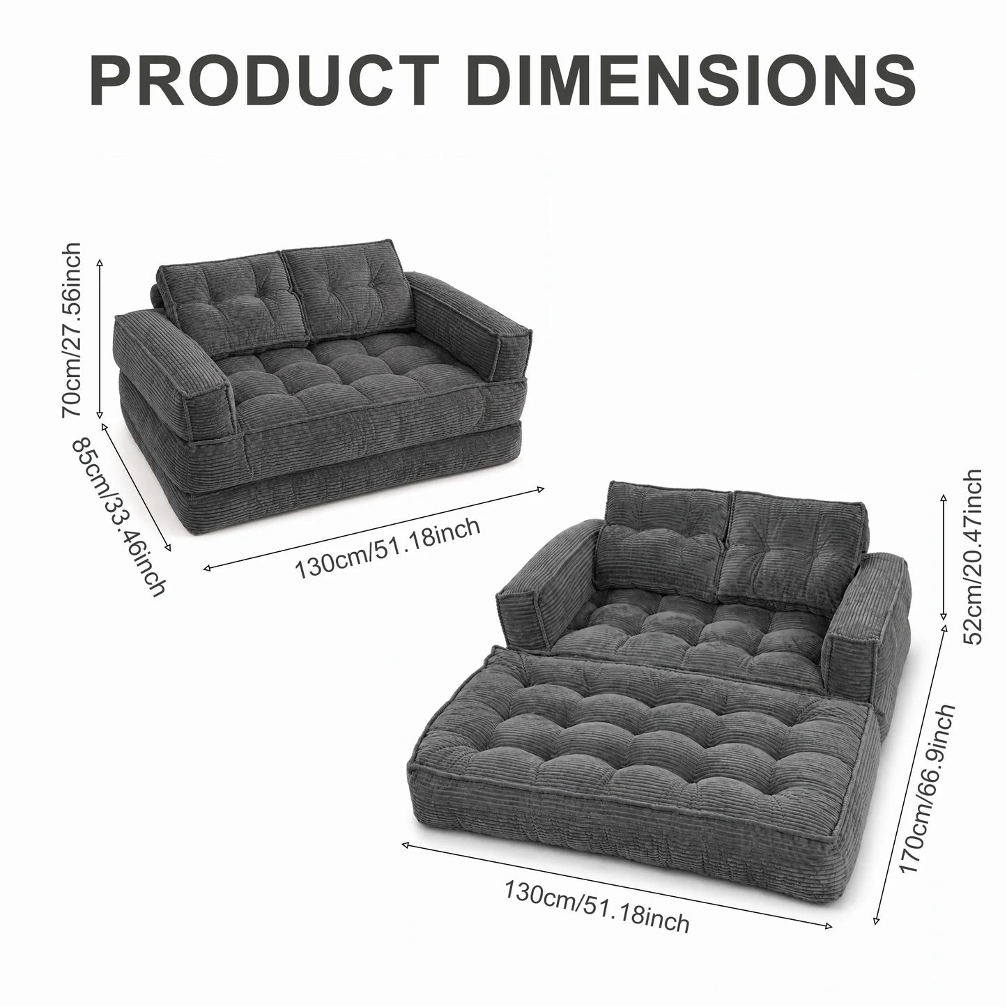 51" 2-Seater Modular Corduroy Sofa with Chaise, 2-in-1 Boneless Convertible Floor Couch, Lazy Double Sofa with Armrest for Living Room, Black
