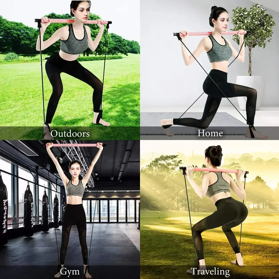 Barra portátil de Yoga Pilates con banda de resistencia para gimnasio en casa, barra tonificadora de músculos, fitness, estiramientos, ejercicio y entrenamiento corporal