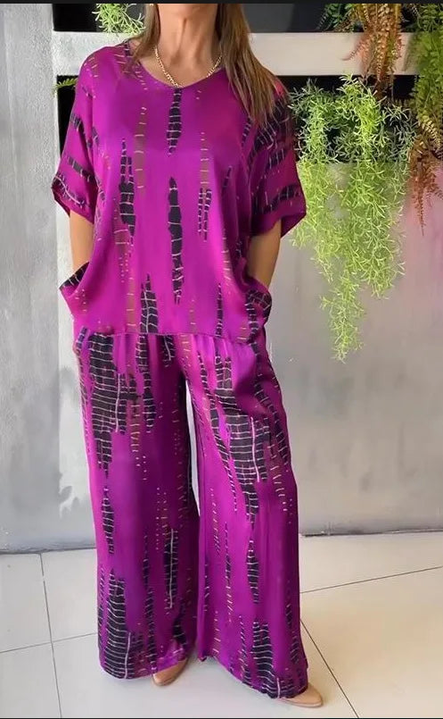 Summer Fashion T-shirt Pants Set Women Geometric Print Short Sleeved Tops Loose Wide Leg Pants Elegant Lady Set Clothing 2025