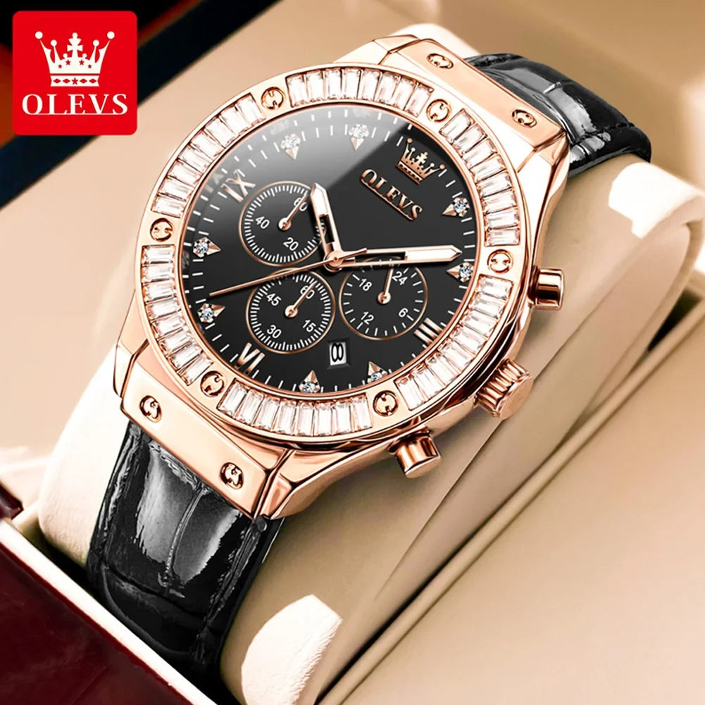 OLEVS 9978 Women Watch Original Quartz Watch Waterproof Leather Strap Multifunctional Chronograph Watch Bracelet Set Gifts Box