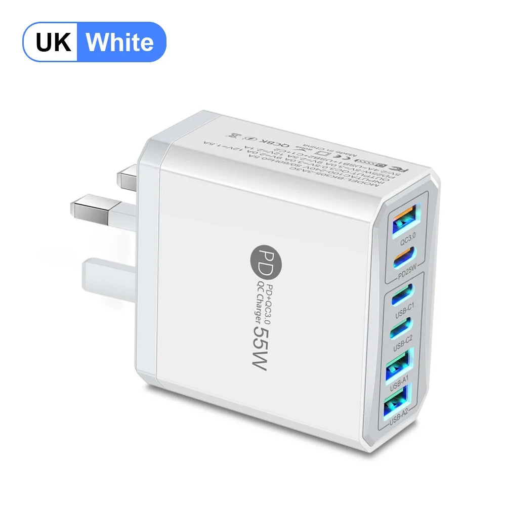 55W 3 USB 3 PD Charger Fast Charging QC3.0 Travel Charger For iPhone 15 14 Samsung Xiaomi Mobile Phone Adapter EU KR US UK Plug