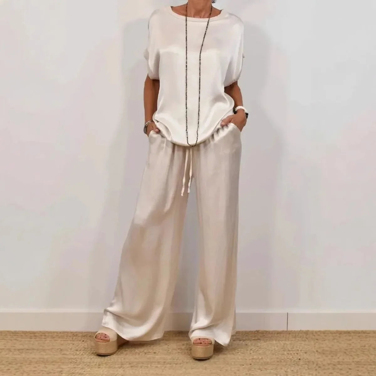 Casual Loose Satin T Shirt Pants Two Piece Sets Women Fashion O-neck Short Sleeve T Shirts Suit Spring Summer Wide Leg Pant Sets