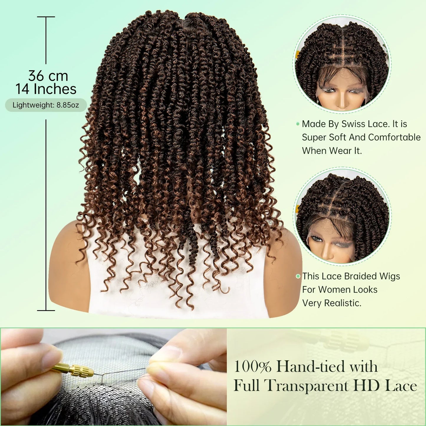 14Inch Full Lace Braided Wigs Synthetic Lace Frontal Twisted Braids Wigs with Baby Hair Knotless Box Braids Wig for Black Women