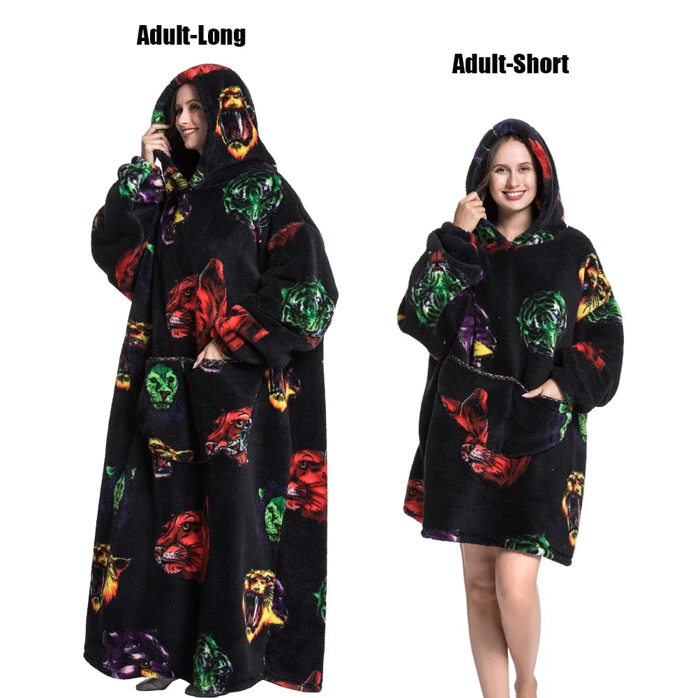 Women Plush Fleece Blanket Men Warm Thick Hoodies Adult Giant TV Blanlets with Sleeves Super Long Cold-proof Homewear Pajamas