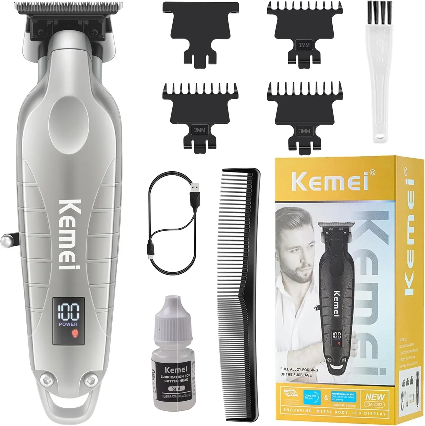 Kemei 2293 Men Zero Gapped Cordless Hair Clipper Professional Hair Beard Trimmer Barber Rechargeable Finish Hair Cutting Machine