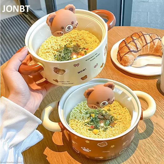 Cuenco de ramen de cerámica con tapa y diseño de oso