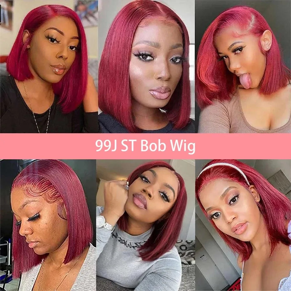 Peluca de encaje frontal sintética 13X4 HD con flequillo corto y liso, color rojo burdeos 99J, para mujeres negras, pre-arrancada con pelo de bebé, sin pegamento