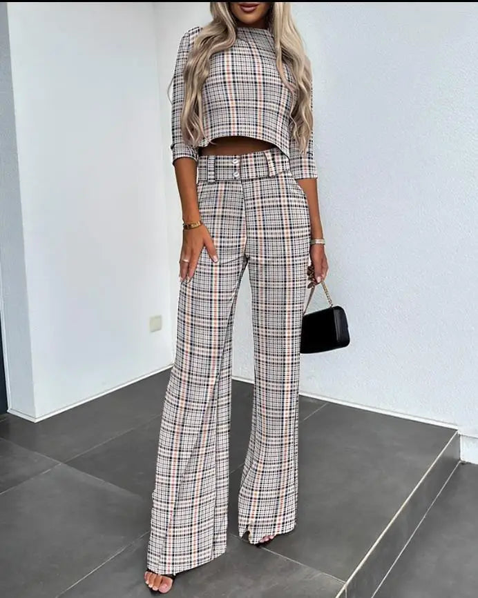 Casual Long Sleeve Shirt Pants Set Office Lady Spring Autumn Fashion Solid O-neck Tops Trousers Two Piece Set Women Outfit 2023