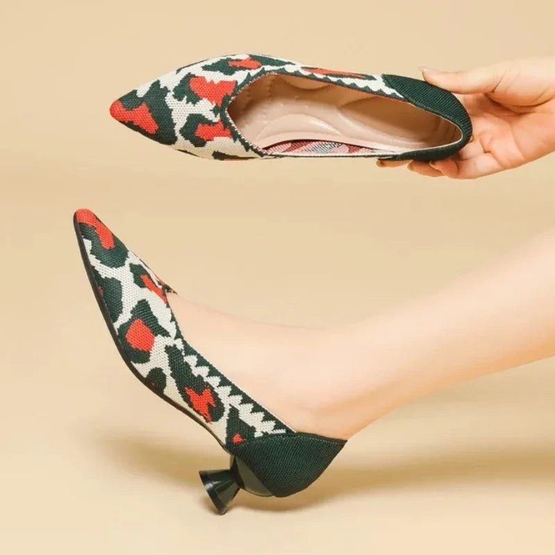 New Knitted Dress Shoes for Women Fashion Leopard Print Pointed Toe Shallow Designer Pumps Elegant Party Banquet Heels Ladies