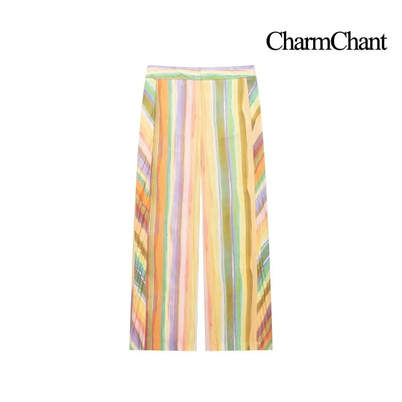 CHARMCHANT Women's Colorful Stripe Two Piece Outfit Halter Backless Tie Top Wide Leg Trousers Holiday Matching Suit Summer 2026