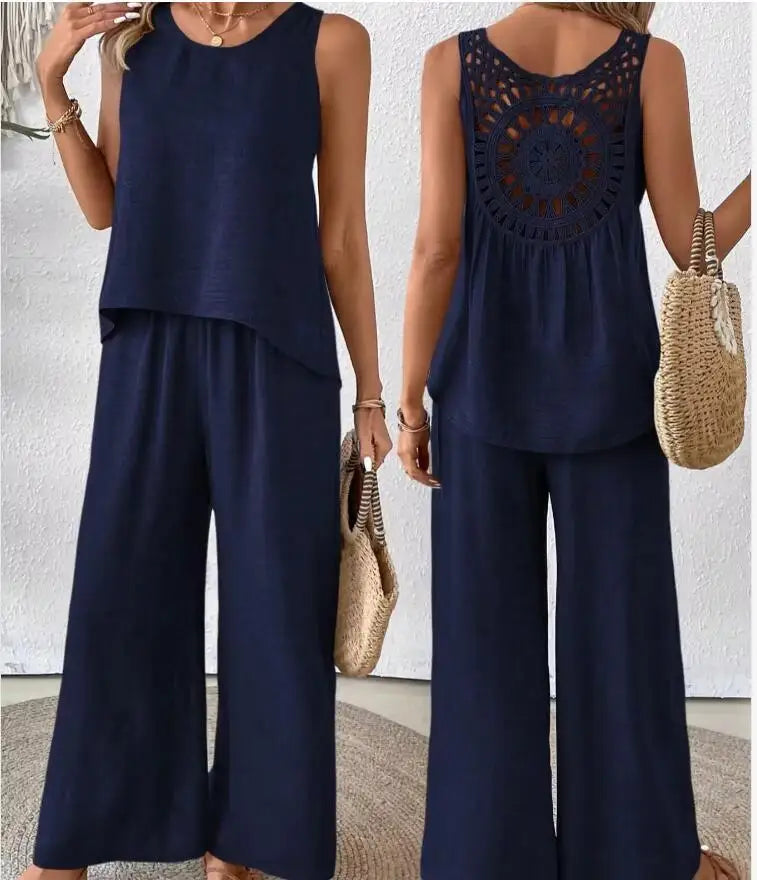 Spring Summer Fashion Solid Two Piece Sets 2024 Women Casual Loose Hollow Lace Sleeveless Top Wide Leg Pants Two Piece Set Woman