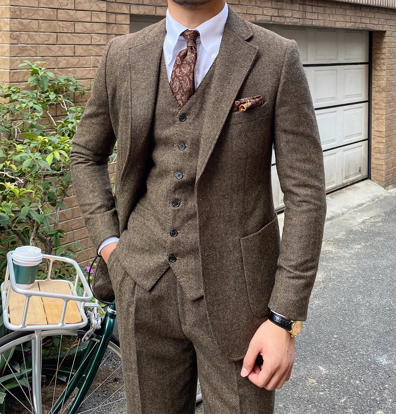 3 Pieces Men's Suits Tweed Herringbone Slim Fit Business Cauasl