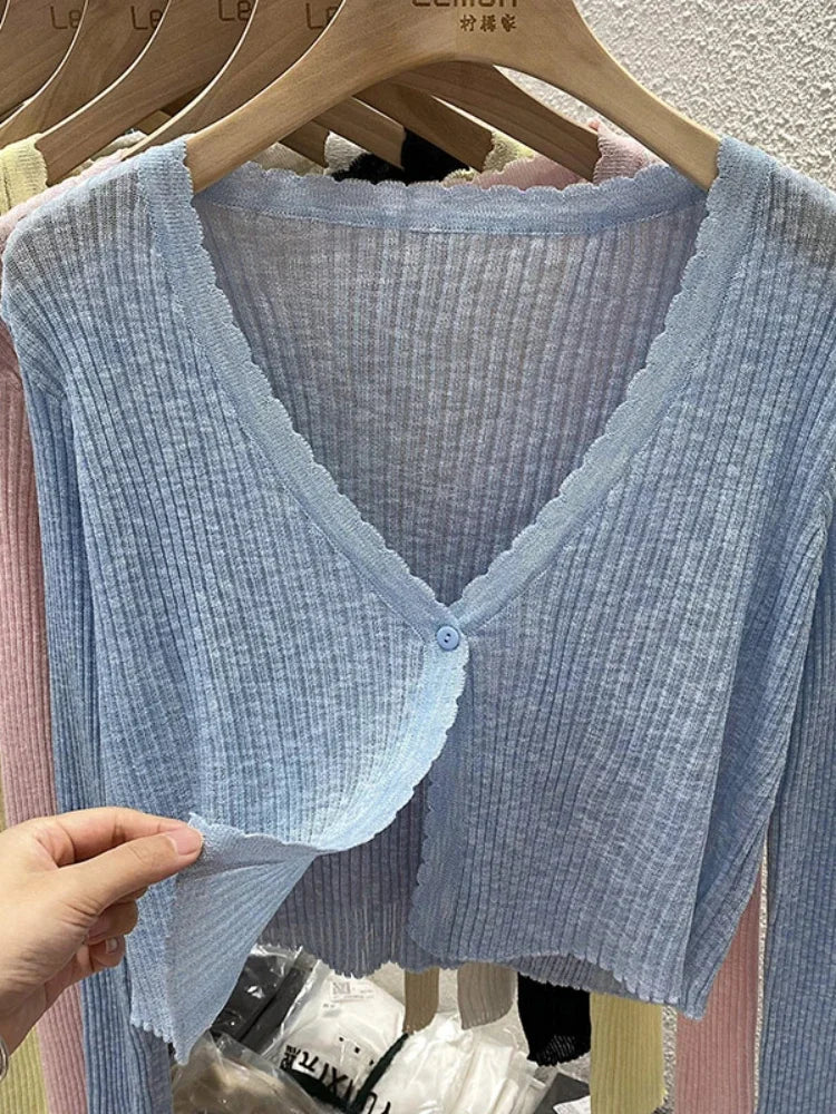 Summer Short Ice Silk Knitted Sun Protection Cardigan Women's Thin Suspender Skirt Layered Gauze Jacket Air-conditioned Cover Up