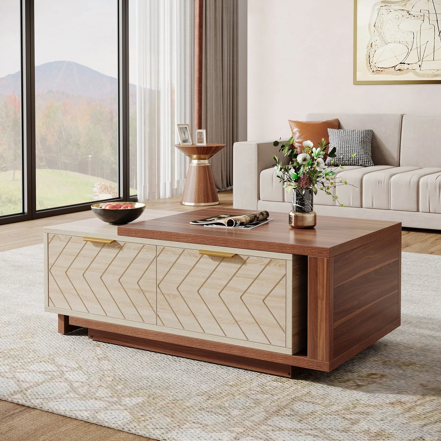 Tribesigns Extendable Coffee Table, 42"-65" Length Adjustable Reversible Wood Coffee Table with 2 Storage Drawers