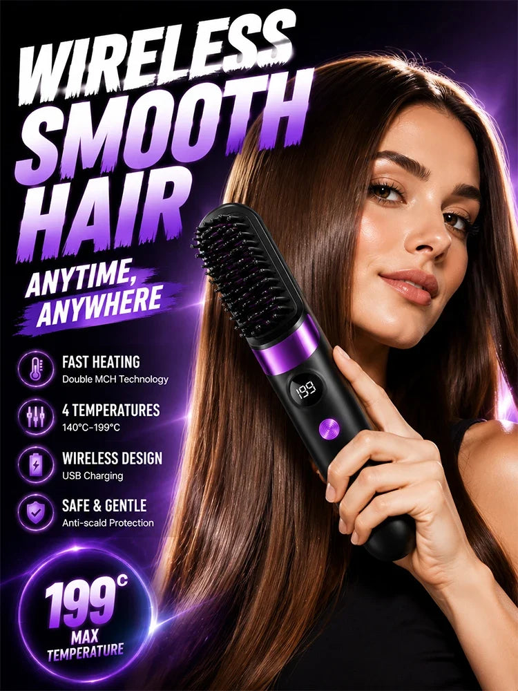 Hair Straightener Brush USB Rechargeable with LCD Display Ceramic Comb for Smooth Hair Styling at Home and Travel