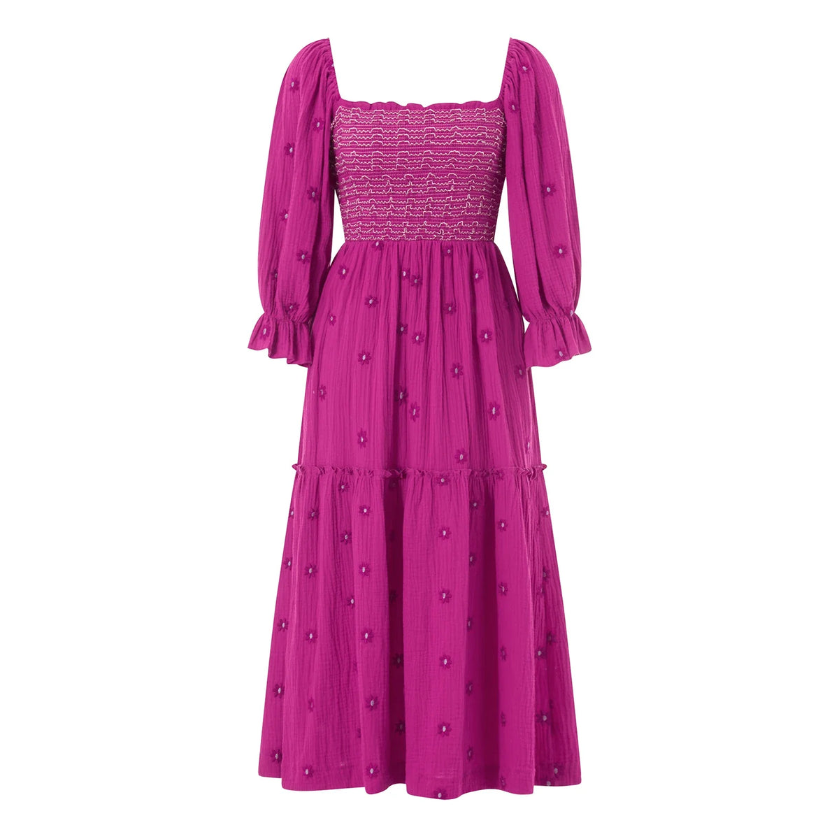 Women Spring Fall Long Dress Long Sleeve Dress Square Neck Embroidery Flower Loose Swing Dress Wit Pocket