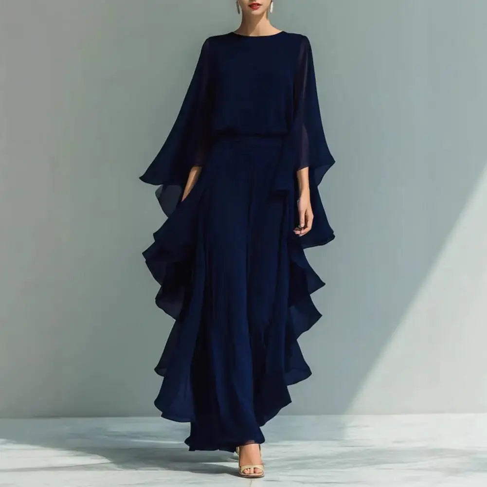 Women Top Pants Two-Piece Set Summer Loose Fit Casual Ruffle Bell Sleeve Shirt Solid Color Wide Legs Pants Trousers