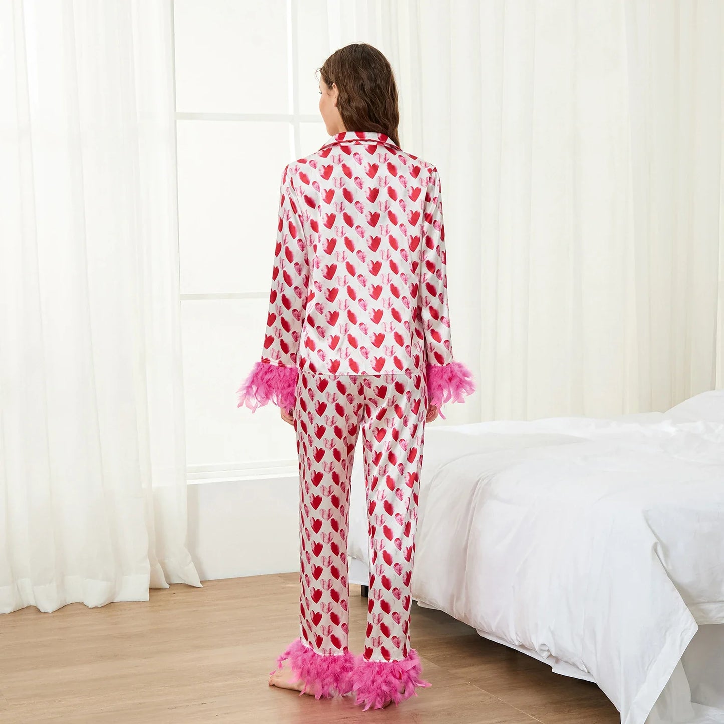 2 Piece Satin Pajama Set Women Feather Trim Long Sleeve Button Up Shirt Tops + Long Pants Set Sleepwear Loungewear
