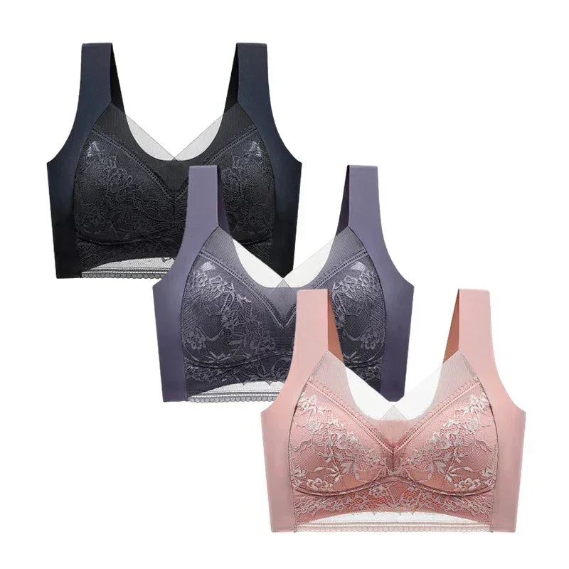 FallSweet Sujetadores Push Up de Encaje para Mujer, 3 Piezas, Sujetador Inalámbrico Sexy de Seda de Hielo, Bralette de Copa Profunda, Lencería Femenina, Ropa Interior para Mamá L-5XL