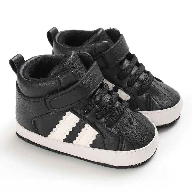 Baby Learning Walk Shoes, Striped PU Sports Shoes for Infants 0-18M, Soft Sole Lightweight Casual Footwear