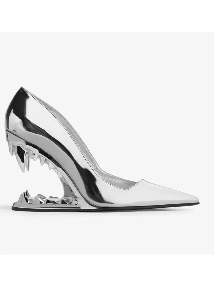 2026 Summer New Metal Tiger Teeth Single Shoes, High Heels, Fashion Show, Women's Wear, Size 44 Women's Sandals