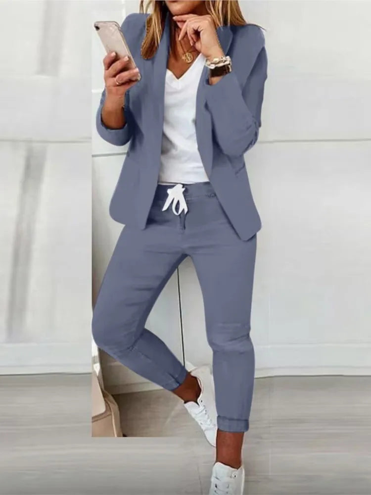 2 Piece Women's Autumn Winter Suit Fashion Slim Fit Lace-up Small Feet Trousers Women's Office Casual Solid Color Suit 2024