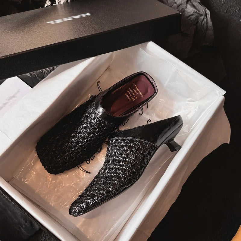 2026 Women Slippers Square Toe Med Heel Women Shoes Roman Black Women Sandals Gladiator Handmade Ladies Modern Slippers