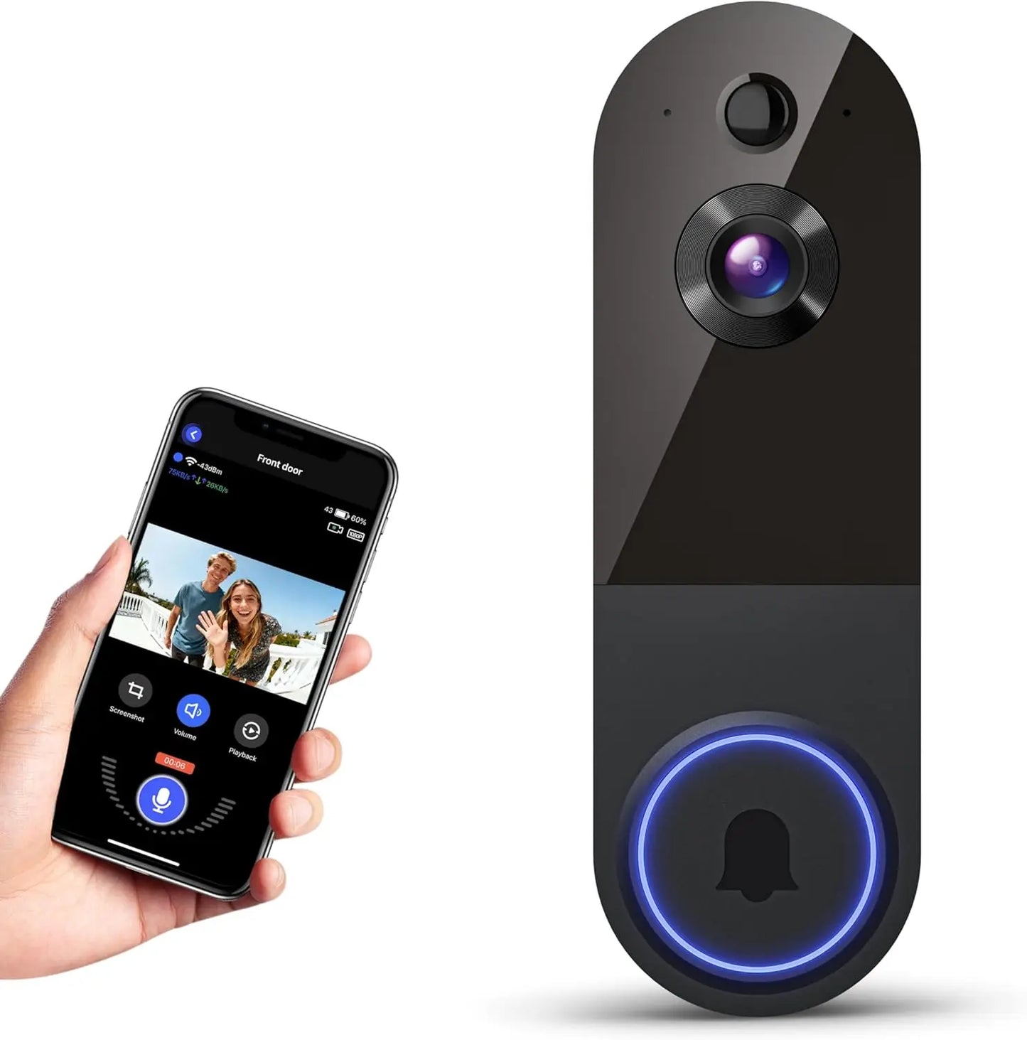 1080p Wireless Wi-Fi Video Doorbell Camera with Night Vision, Two-Way Audio, AI Motion Detection