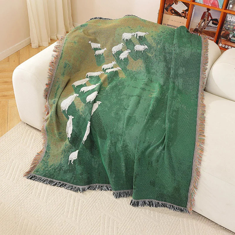 Textile City Sheep Herd Green Meadow Jacquard Woven Throw Blanket Whimsical Countryside Farm Animal Fringed Decor Sofa Blanket