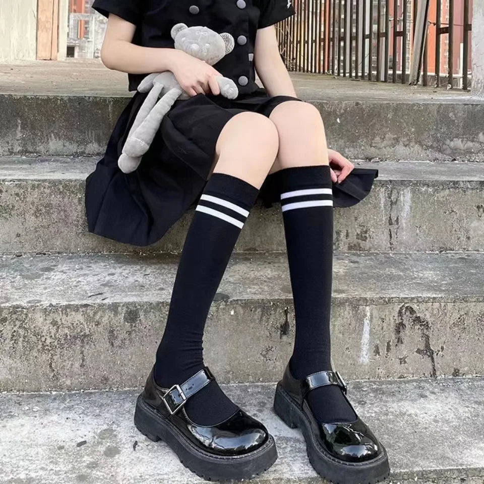 Striped Cotton Knee High Socks