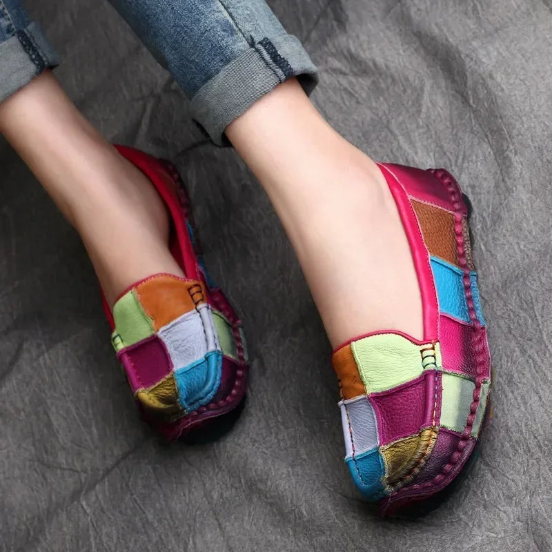 Birkuir Retro Mixed Colors Flats Women Shoes Soft Soles Loafers Shoes Genuine Leather Slip On Luxury Casual size 41 42 Shoes