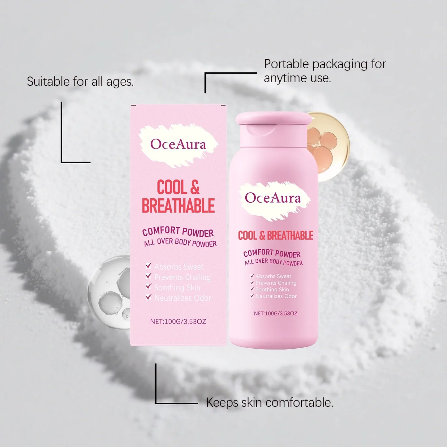 OceAura Body Powder Anti Sweat Armpit Groin Smooth Skin Soothing Comfortable Refreshing Odor Eliminator Anti Chafing Powder 100g