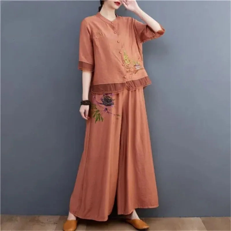 Spring Summer Women Leisure Large Size 5XL 2PCS Middle Aged Mother Mother Cotton Linen Suit 2025 Female Embroidery Two-piece Set
