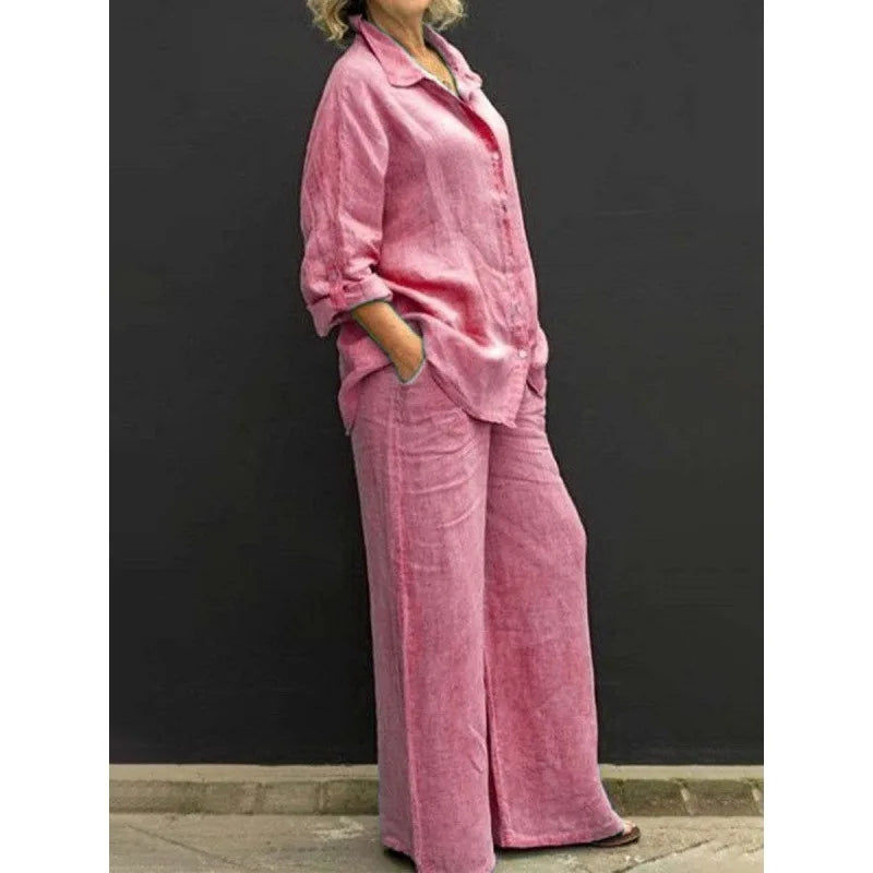 Solid Color Linen Two Piece Sets Women Outfits Spring Autumn Simple Long Sleeve Shirt Loose Trousets Set Office Casual Suit