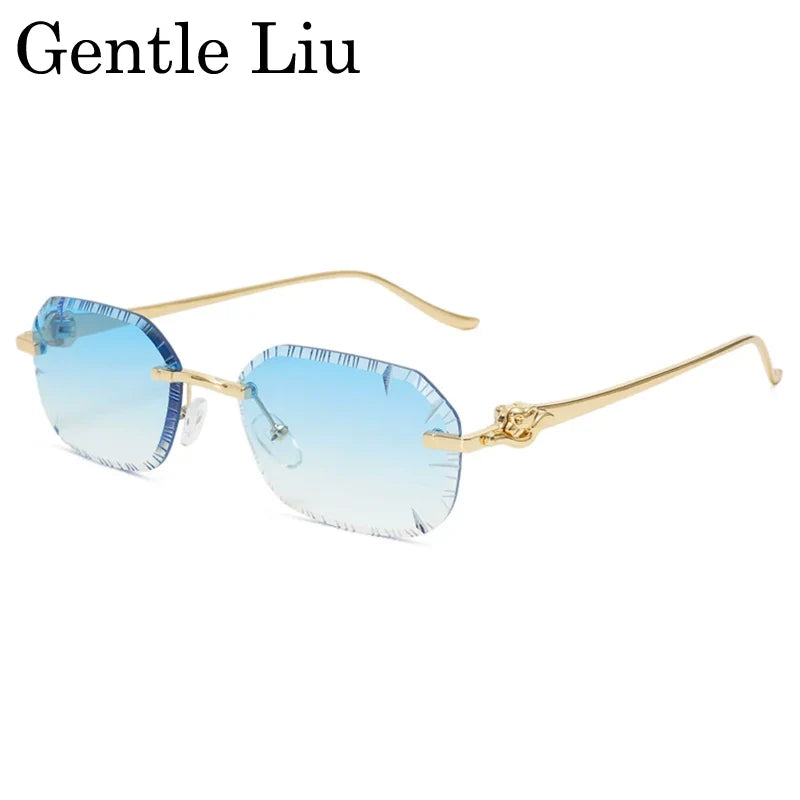 Small Rectangle Punk Rimless Sunglasses Men 2026 Luxury Designer Leopard Head Frameless Cut Edge Shades Retro Gold Metal Eyewear
