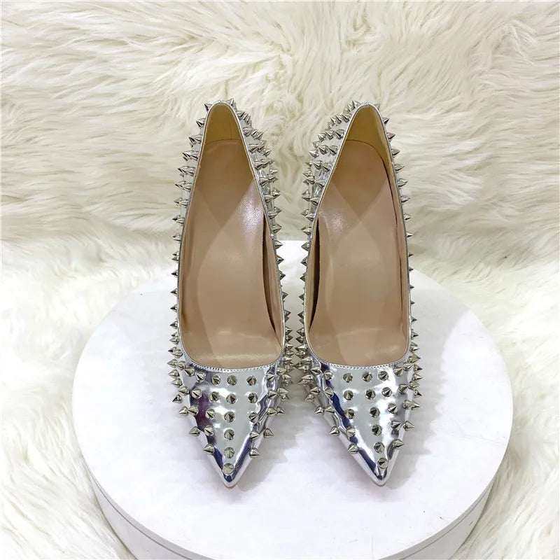 Women New Rivet High Heels 12CM Fashion Pointed Toe Party Single Shoes Europe And America Club Stage Pumps Silver Plus Size 43