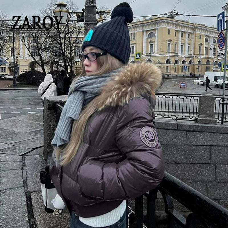 Russian Winter Warm Faux Fur Hooded Quilted Puffer Jacket Women Y2K Retro Padded Short Coat Casual Parka Glossy Outerwear куртка