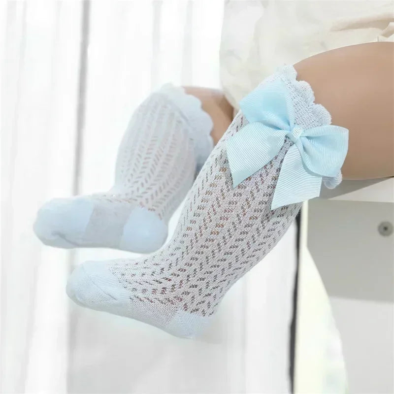 0-36m Baby Girl Socks Toddler Big Bow Cotton Summer Mesh Infant Knee