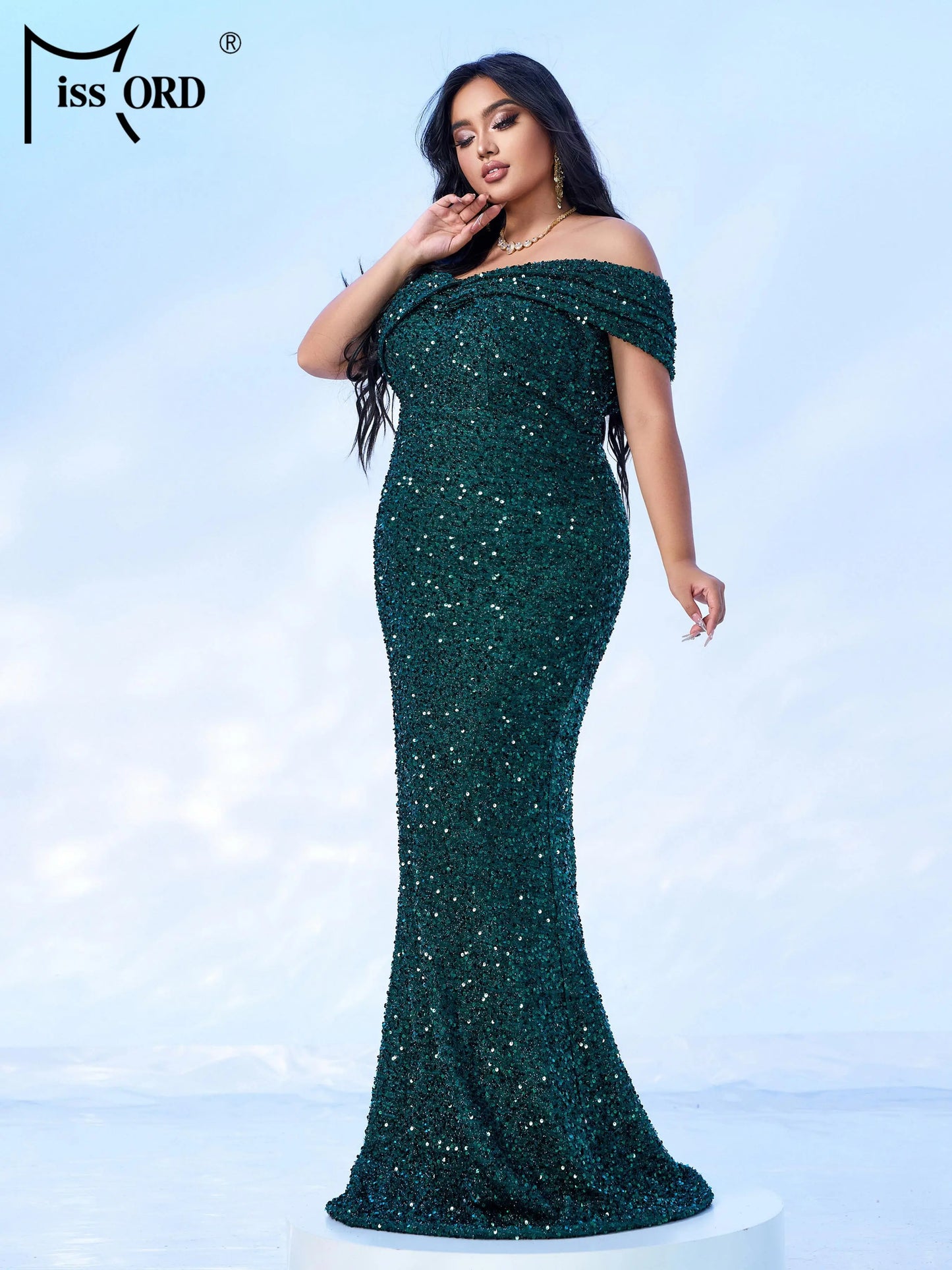 Missord Vestido de Noche Tallas Grandes de Lentejuelas Grises Elegante para Mujer, con Hombros al Descubierto, Ceñido, Maxi Vestido de Fiesta Sirena, Vestido de Gala Largo Formal