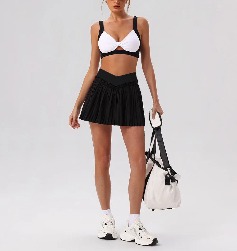 Tight Yoga Sets Women's Tracksuit Sexy Color Contrast Hollow Out Sports Bra High Waist Pleate Tennis Short Skirt Fitness Suits