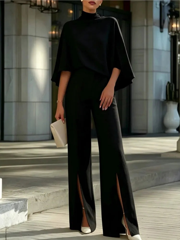 Autumn Women's Half Turtleneck Shawl Top Fashion Slit Wide Leg Trousers 2piece Suit Elegant Slim Fit Female Office Trousers Suit