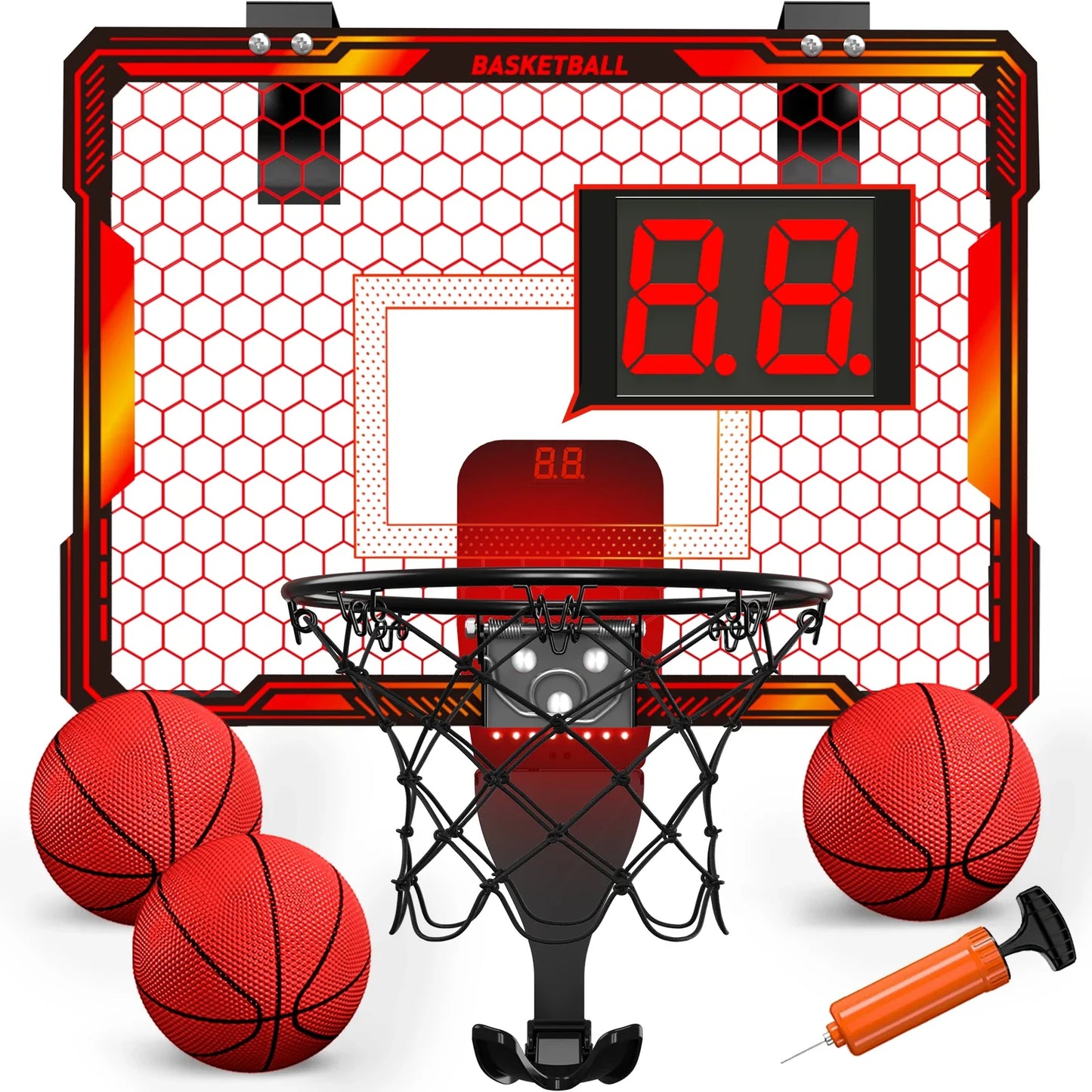 Mini Indoor Basketball Hoop with 7 LED Lights Scoreboard 3 Play Modes Adjustable Volume over Door Foldable for Kids Adults