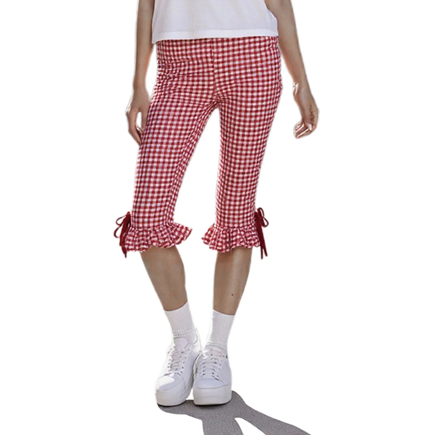 Women Flared Leggings Capri Pants Casual Fashion Plaid Print Cute Bow Crop Bell Bottoms Trendy Bootcut Trousers