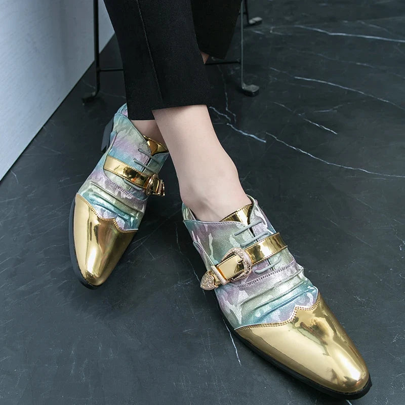 Fashion Gold Casual Shoes England Chelsea Bright Pointed Toe Leather Shoes Men Slip-on Business Party Wedding Oxford Shoes