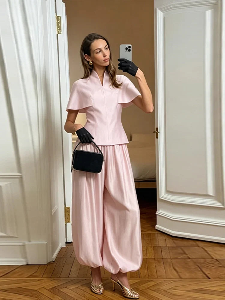 Elegant Women's Top Pant Sets Summer V-neck Short Sleeve Top High Waist Wide Leg Pant Female Suit 2026 Fashion Lady Suits