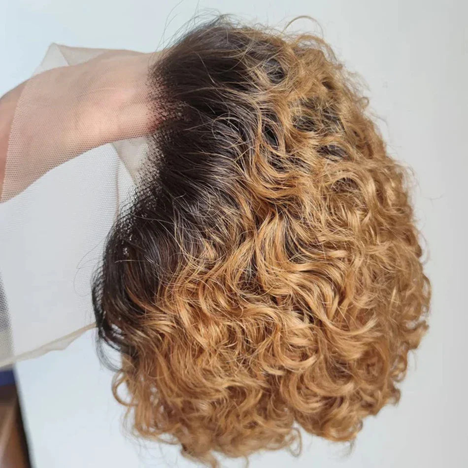 Pelucas Pixie Cut Cabello Humano Ombre 1B/27 Corto Rizado Pelucas de Encaje Frontal Brasileñas Onda de Agua Bob Peluca 13x1 Pelucas de Encaje Transparente 180%