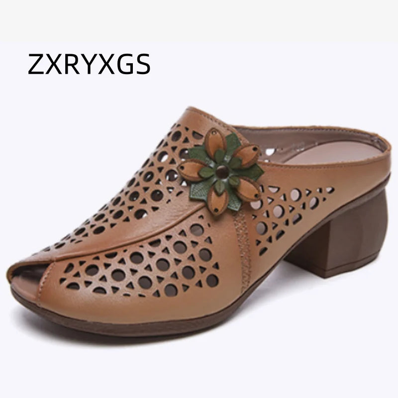 2026 New Summer Thick Bottom Slope with High Heel Slippers Genuine Leather Sandals Flowers Hollow Women Shoes Fashion Sandals