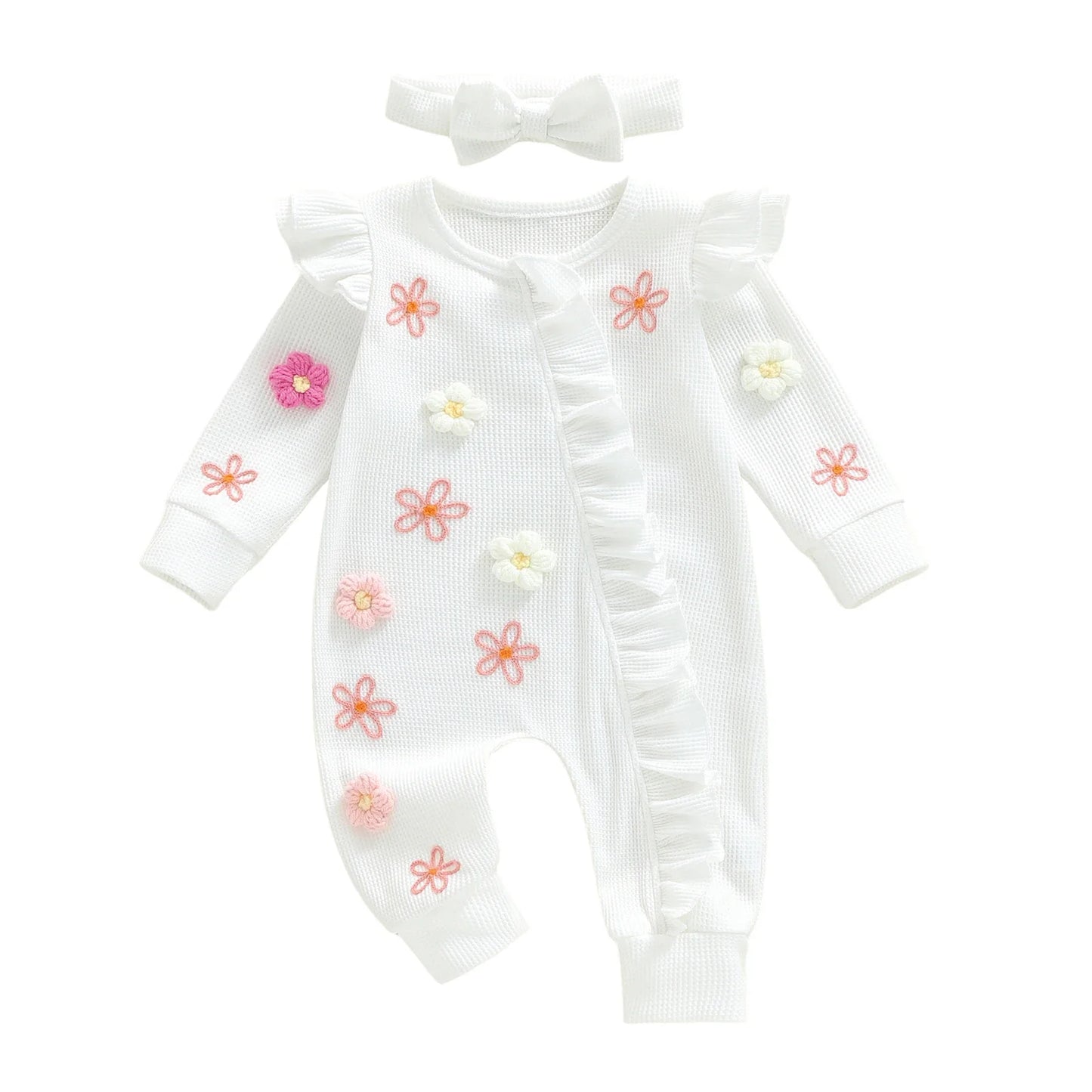 Citgeett Autumn Infant Baby Girl Fall Outfits Long Sleeve Flower Ruffle Jumpsuit Zipper Jumpsuit Headband Clothes Set